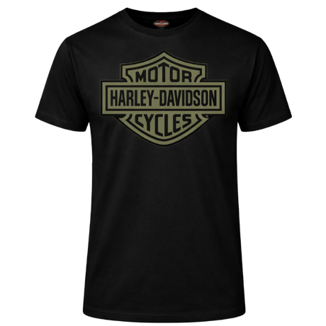 Black t-shirt with Harley-Davidson logo on a white background