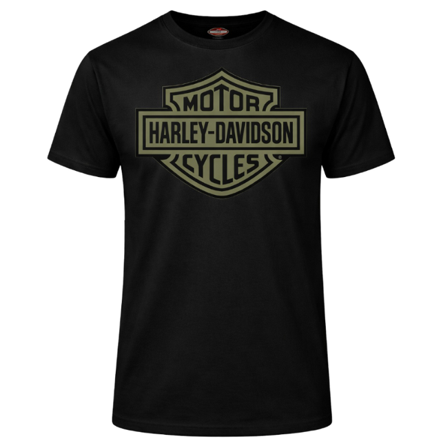Black t-shirt with Harley-Davidson logo on a white background