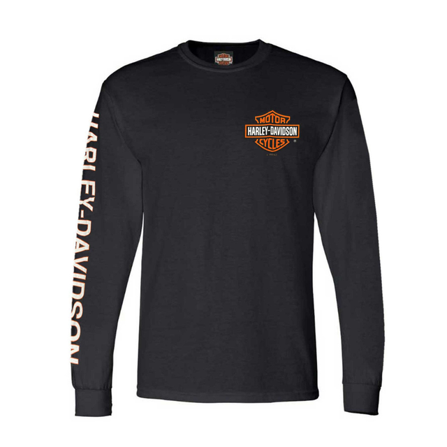 Black long-sleeve shirt with Harley-Davidson logo and text on a white background