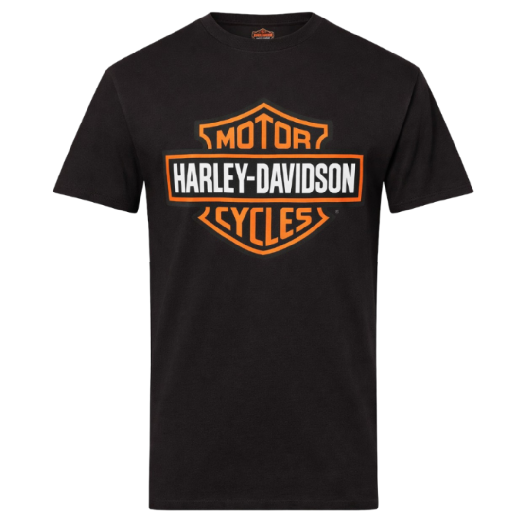 Black t-shirt with orange and white Harley-Davidson logo on a white background