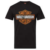 Black t-shirt with orange and white Harley-Davidson logo on a white background