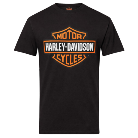 Black t-shirt with orange and white Harley-Davidson logo on a white background