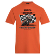 Orange t-shirt with Harley Davidson graphic design on a white background