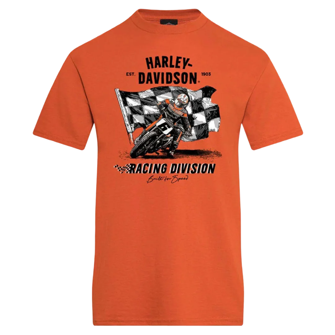Orange t-shirt with Harley Davidson graphic design on a white background