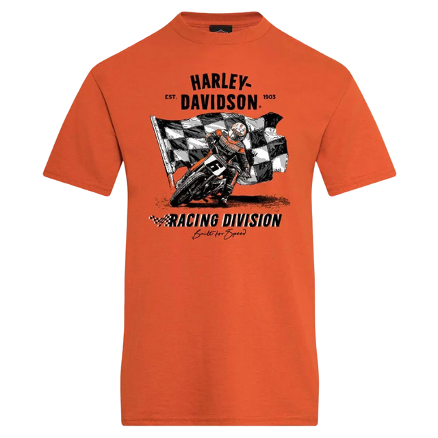 Orange t-shirt with Harley Davidson graphic design on a white background