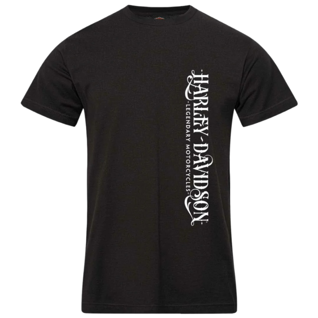 Black t-shirt with white 'Harley Davidson' logo on a white background