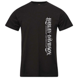 Black t-shirt with white 'Harley Davidson' logo on a white background