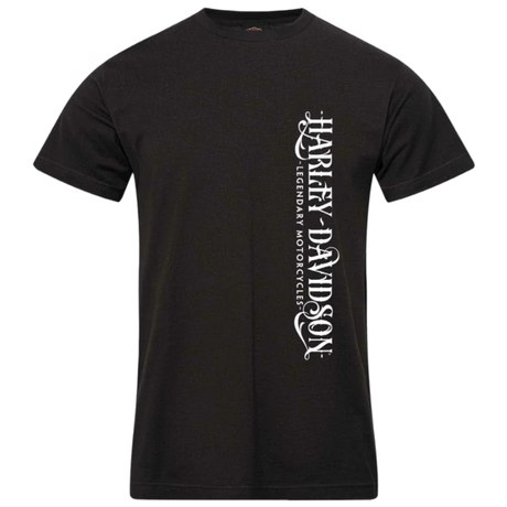 Black t-shirt with white 'Harley Davidson' logo on a white background