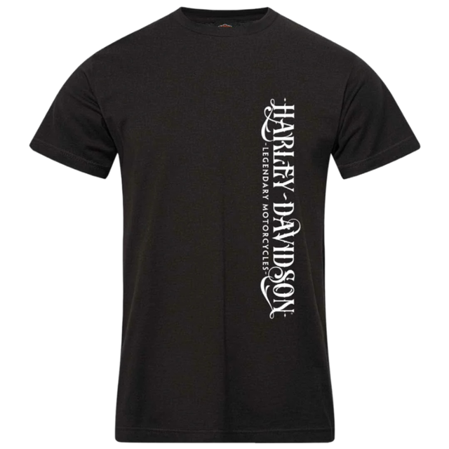 Black t-shirt with white 'Harley Davidson' logo on a white background