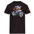 Black t-shirt with a cartoon character on a motorcycle and American flag design.