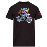 Black t-shirt with a cartoon character on a motorcycle and American flag design.