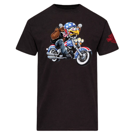 Black t-shirt with a cartoon character on a motorcycle and American flag design.