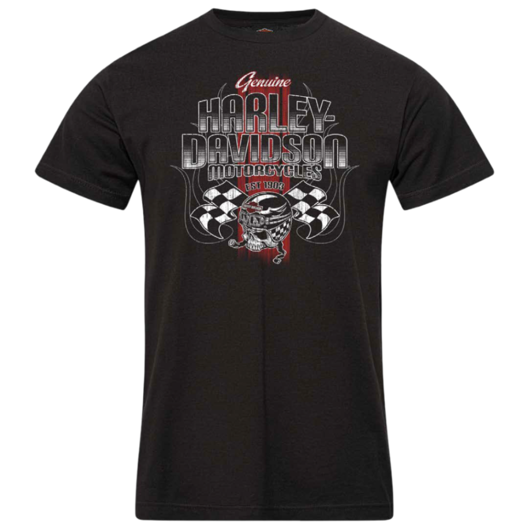 Black t-shirt with Harley-Davidson graphic design on a white background