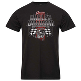 Black t-shirt with Harley-Davidson graphic design on a white background