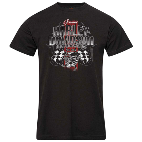 Black t-shirt with Harley-Davidson graphic design on a white background