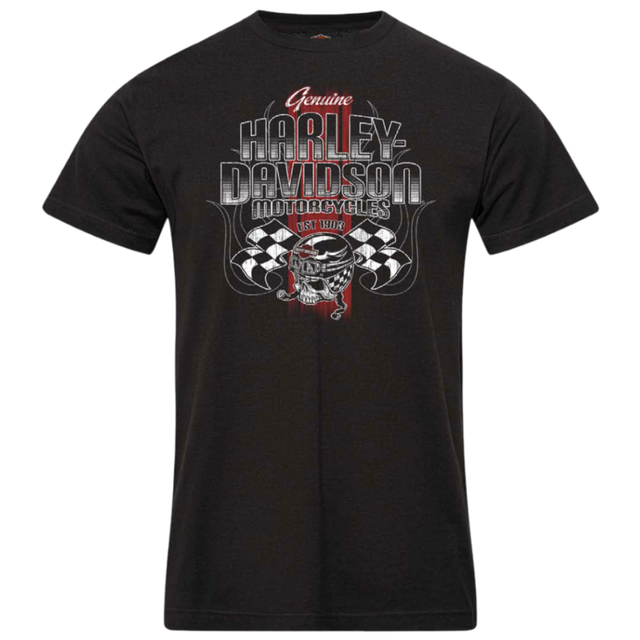 Black t-shirt with Harley-Davidson graphic design on a white background
