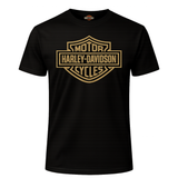 Black t-shirt with gold Harley-Davidson logo on a white background