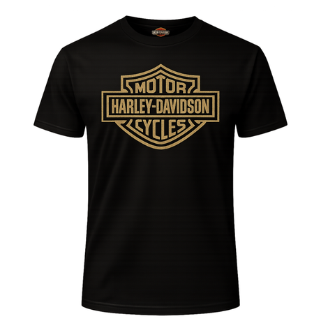 Black t-shirt with gold Harley-Davidson logo on a white background