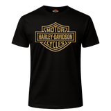 Black t-shirt with gold Harley-Davidson logo on a white background