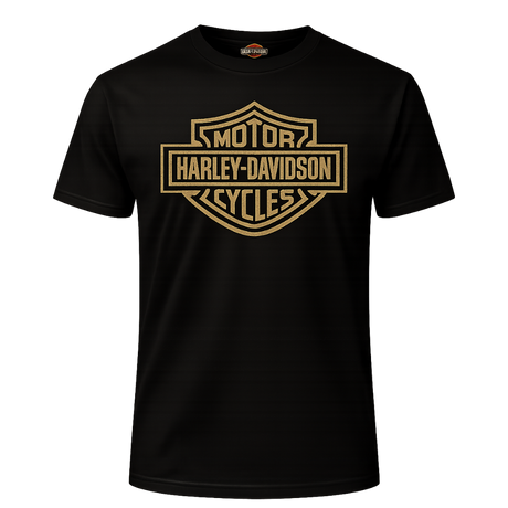 Black t-shirt with gold Harley-Davidson logo on a white background