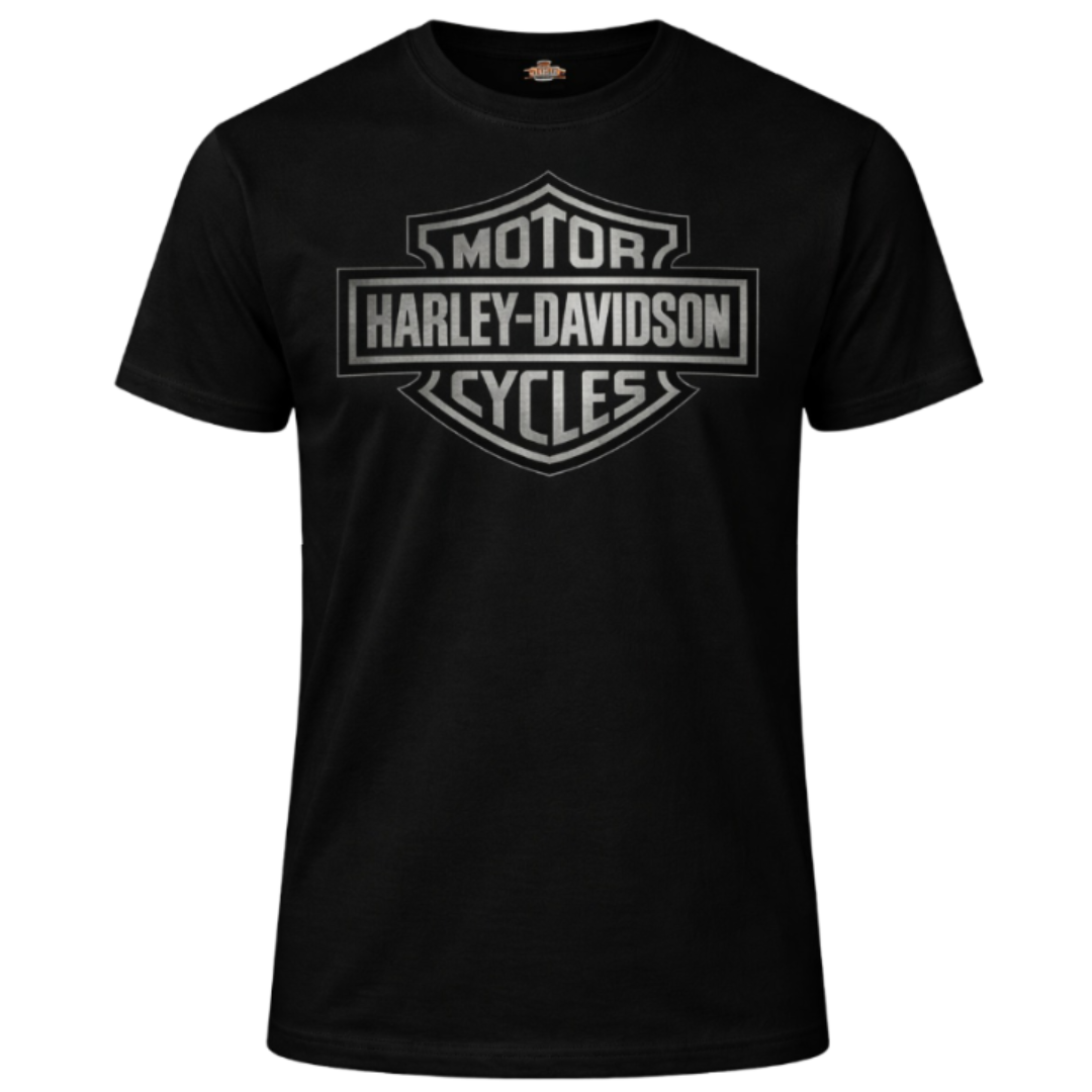 Black t-shirt with Harley-Davidson logo on a white background