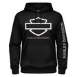 Black Harley-Davidson hoodie with logo and branding on a white background