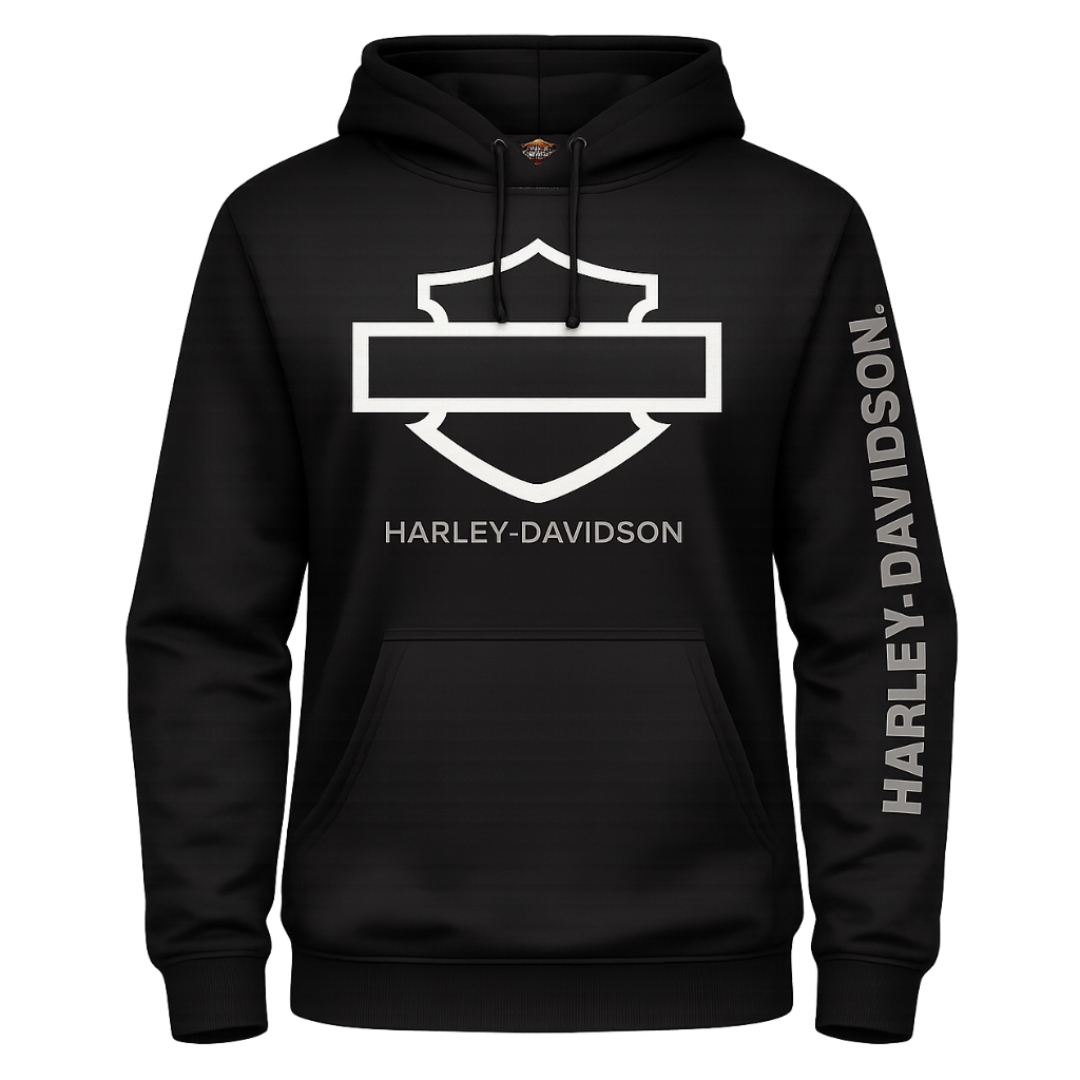 Black Harley-Davidson hoodie with logo and branding on a white background
