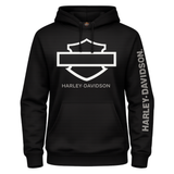 Black Harley-Davidson hoodie with logo and branding on a white background