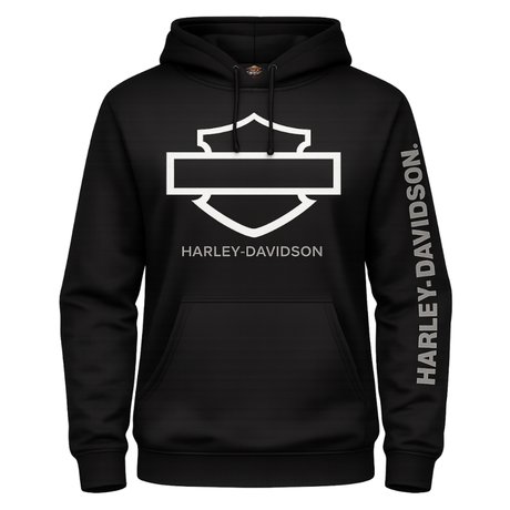 Black Harley-Davidson hoodie with logo and branding on a white background