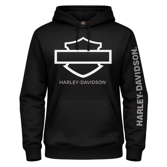 Black Harley-Davidson hoodie with logo and branding on a white background