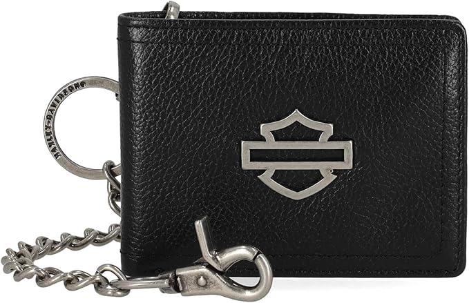 Harley-Davidson Men's Open B&S Slimfold Biker Chain Leather Wallet - Black
