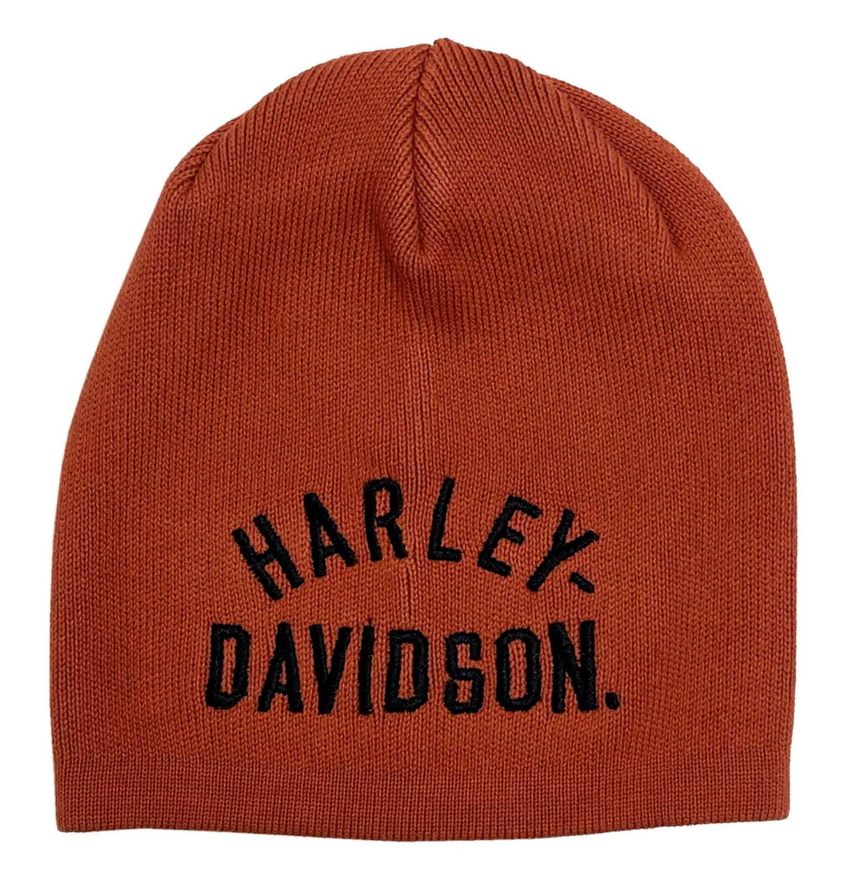 Orange knit beanie with 'Harley Davidson' text on a white background