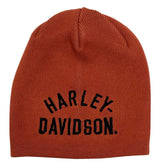 Orange knit beanie with 'Harley Davidson' text on a white background