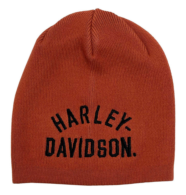 Orange knit beanie with 'Harley Davidson' text on a white background