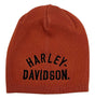 Orange knit beanie with 'Harley Davidson' text on a white background