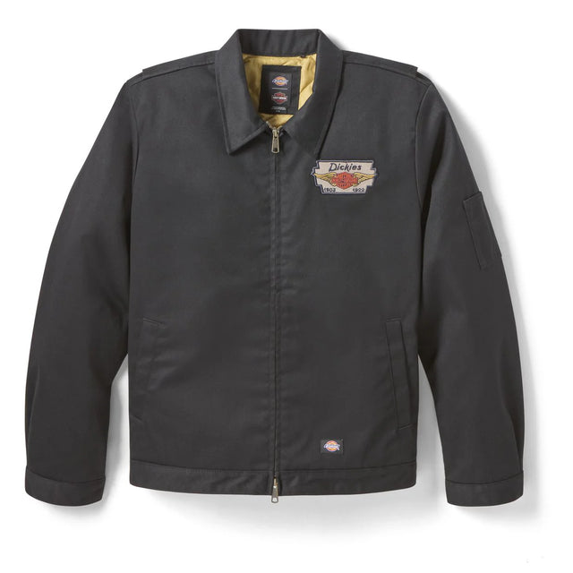 Black jacket with a Dickies logo on a white background