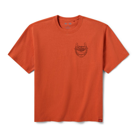Orange t-shirt with a logo on the chest against a white background