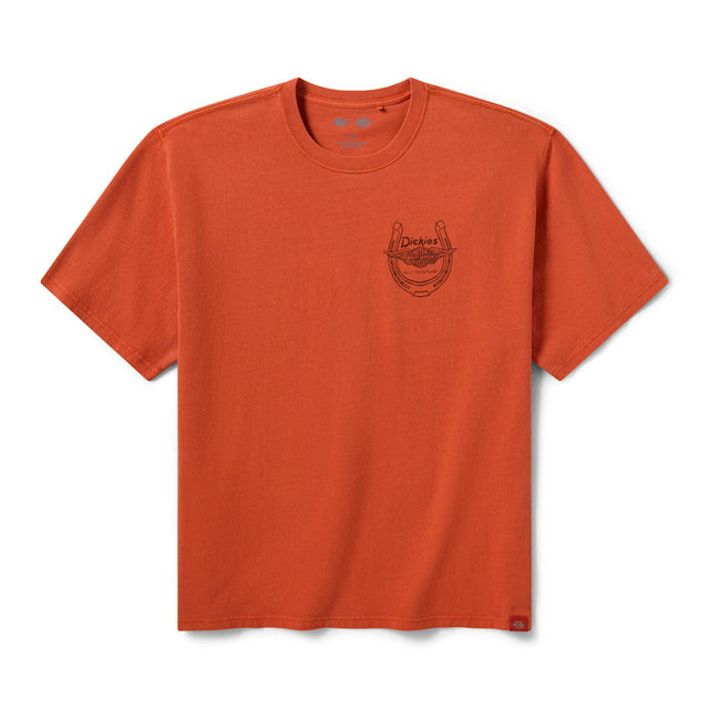 Orange t-shirt with a logo on the chest against a white background
