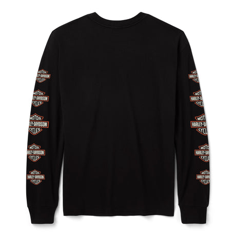 Black long-sleeve shirt with Harley-Davidson logos on sleeves against a white background