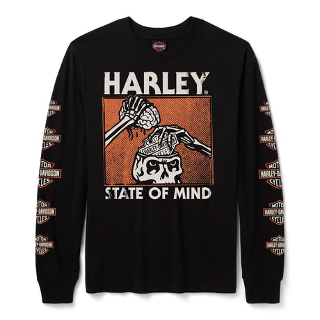 Black long-sleeve shirt with Harley Davidson graphic design on a white background