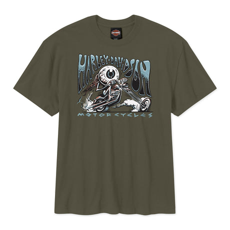 Green t-shirt with Harley-Davidson graphic on a white background