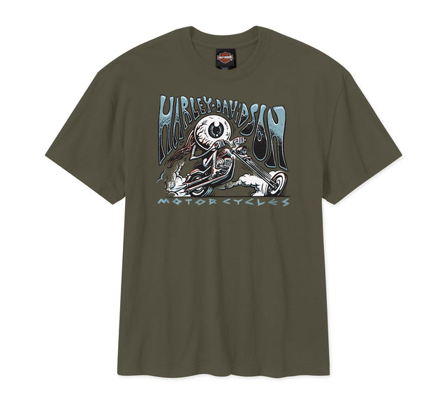 Green t-shirt with Harley-Davidson graphic on a white background