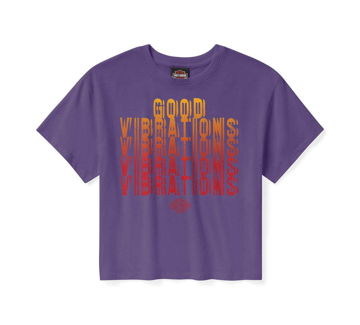 Purple t-shirt with 'Good Vibrations' text design on a white background