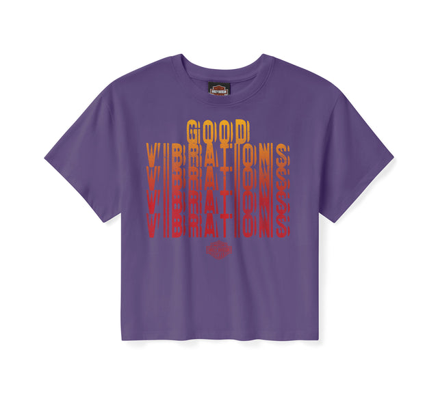Purple t-shirt with 'Good Vibrations' text design on a white background