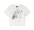 White t-shirt with graphic design and brand logo on a white background