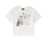White t-shirt with graphic design and brand logo on a white background