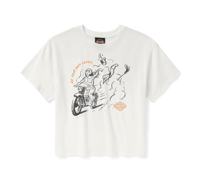 White t-shirt with graphic design and brand logo on a white background