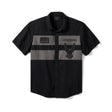 Black and gray short-sleeve shirt with brand logos on a white background