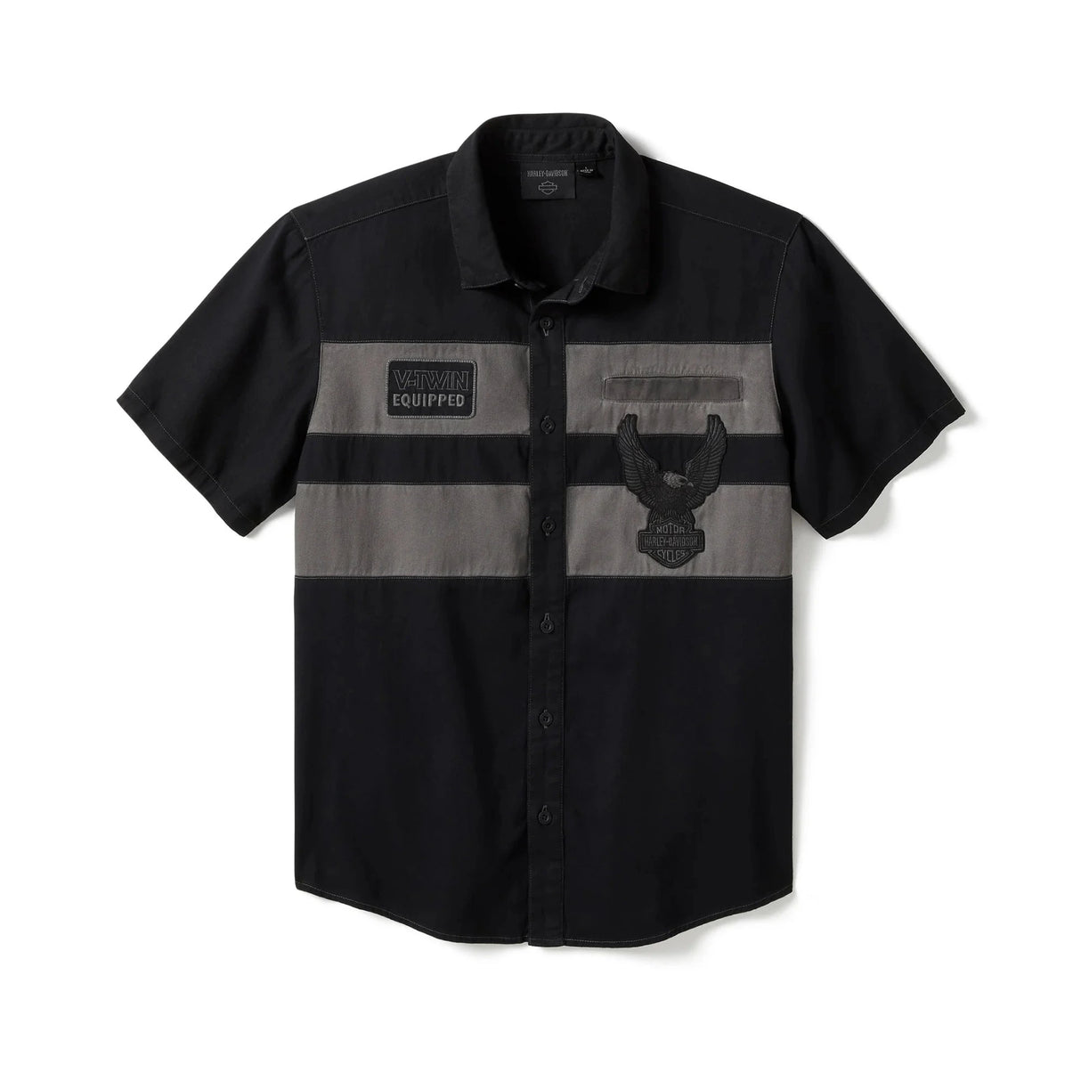 Black and gray short-sleeve shirt with brand logos on a white background