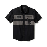Black and gray short-sleeve shirt with brand logos on a white background